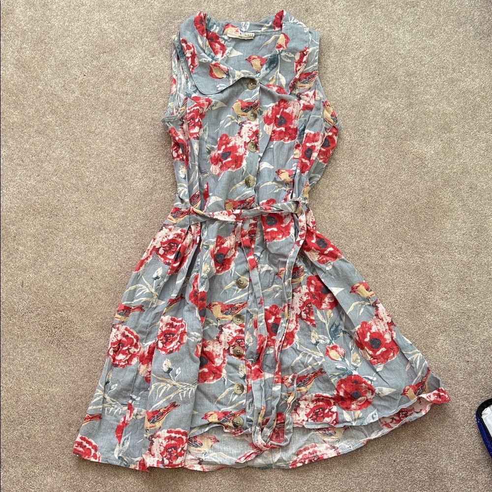 Bombay Paisley Blue with Red flowers and birds Floral button up Dress boho